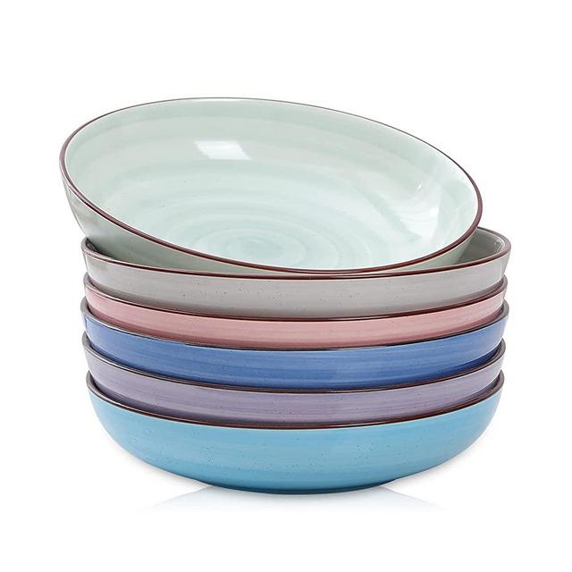 Selamica Porcelain 26 Ounce Salad Pasta Bowls, 8 inch Wide and Shallow Serving bowls, Microwave & Dishwasher Safe, Sturdy & Stackable, Set of 6, Gradient Color