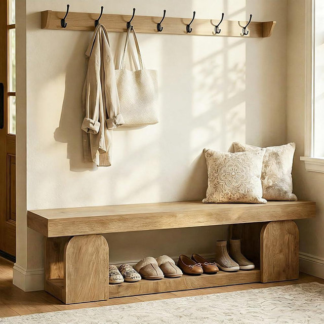 Tribesigns 63-Inch Long Entryway Bench, Farmhouse Entry Shoe Bench with Storage Shelf, Wooden Indoor End of Bed Bench Seat for Bedroom, Hallway, Foyer, Natural