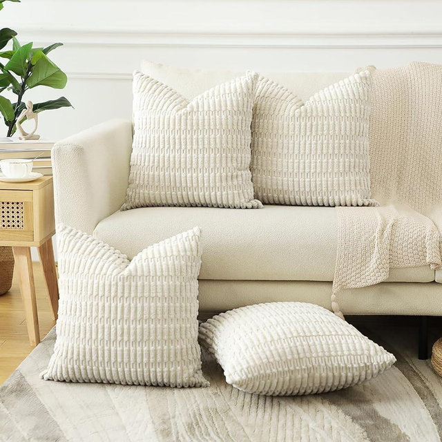 OTOSTAR Set of 4 Soft Corduroy Decorative Throw Pillow Covers 18x18 Square Striped Pillowcases Boho Home Decor Cushion Covers 45x45cm for Sofa Patio Farmhouse Bedroom Living (Cream White)