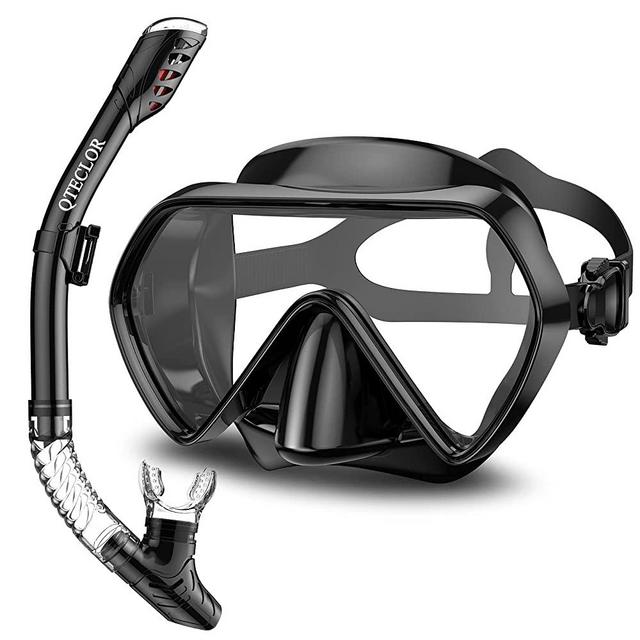 QTECLOR Snorkel Mask Set Snorkeling Gear–Dry Snorkel Set and Mask Kids Adults Anti Fog 180 Degree Seaview with Mesh Bag, Scuba Diving Swimming Training Equipment Youth Junior Men Womens