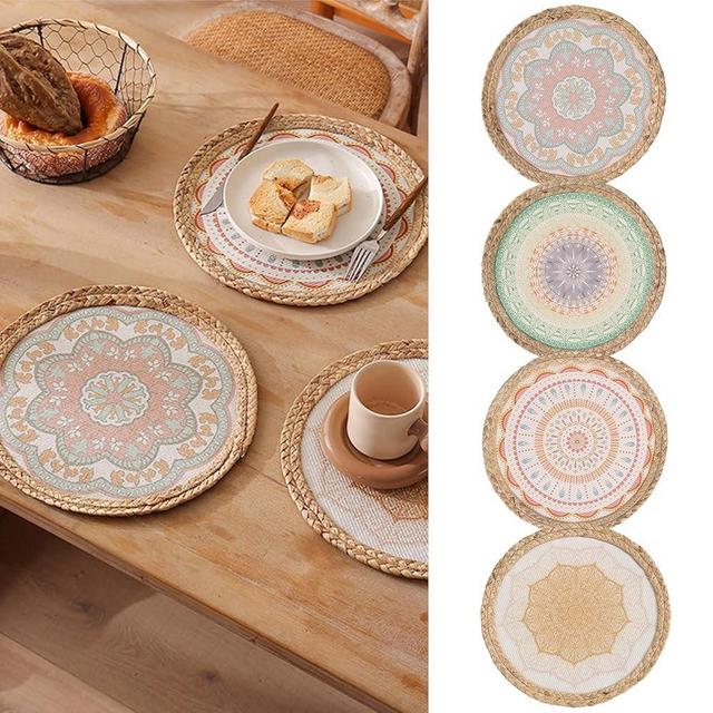 Elistonie Set of 4 Boho Round Placemats Hand-Woven Cotton Water Hyacinth Place Mats Heat Resistant Dining Mats Vintage Rustic Placemats Washable Coffe Bar Mat Table Decor for Party Banquets Dinner (B)