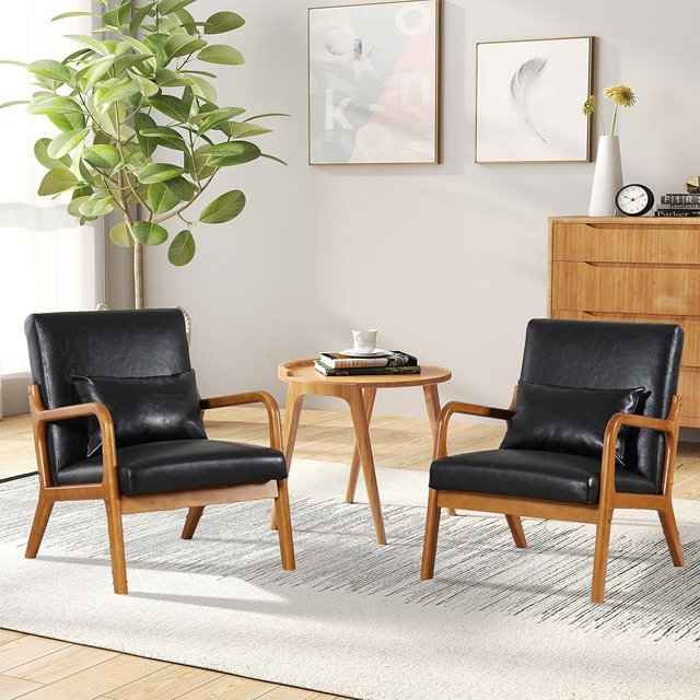 QQU Leather Accent Chairs Set of 2 with Waist Cushions, PU Leather Mid-Century Modern Living Room Chairs, Sturdy Wood Frame Armchairs, Upholstered Chair Set for Living Room, Bedroom, Apartments, Black