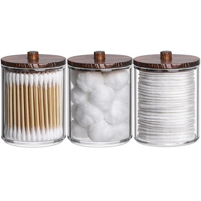 Tbestmax 10 Oz Cotton Swab/Ball/Pad Holder, Qtip Apothecary Jar, Clear Bathroom Containers Dispenser for Storage 3 Pack Brown Wood Lids