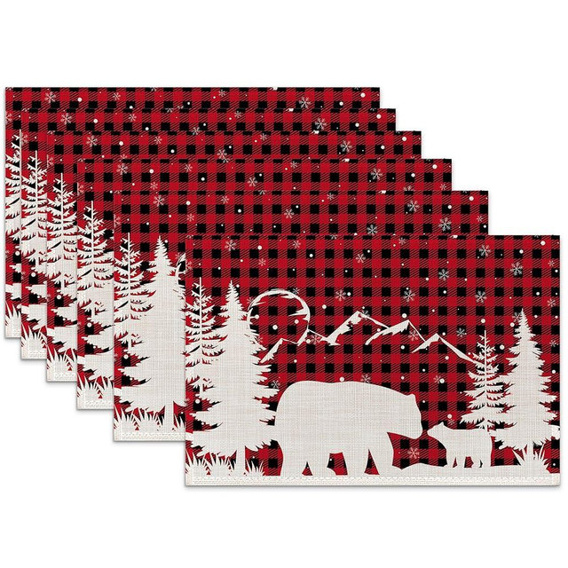 Christmas Tree Placemats Set of 6,Bear Snowflakes Heat Resistant Table Mats Washable Place Mats for Party Kitchen Farmhouse Home Dining Holiday Decor 12x18 Inch