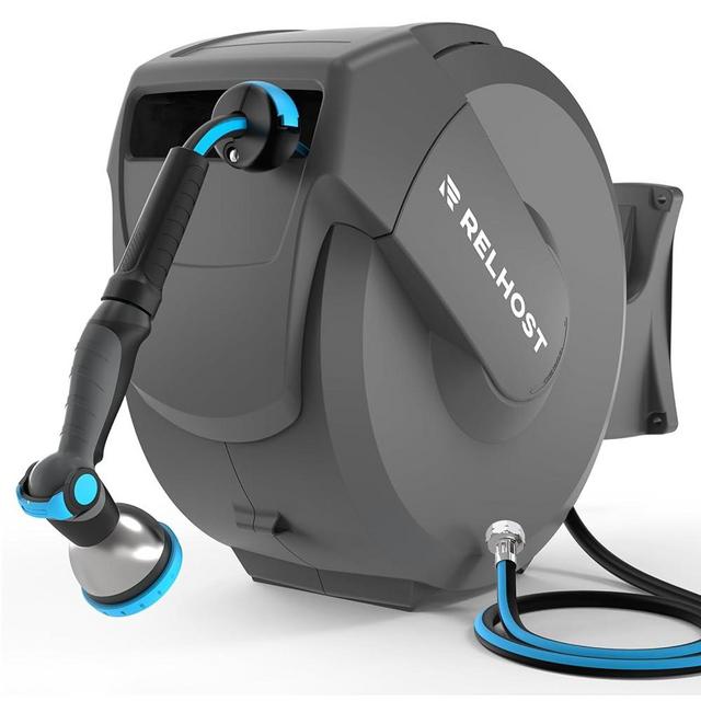 Relhost Retractable Garden Hose Reel 100 ft x 5/8 in, Heavy Duty Hose Reel Wall Mount with Any Length Lock, Auto Rewind System, 180° Swivel Bracket, 10-Pattern Garden Hose Nozzle, Dark Grey
