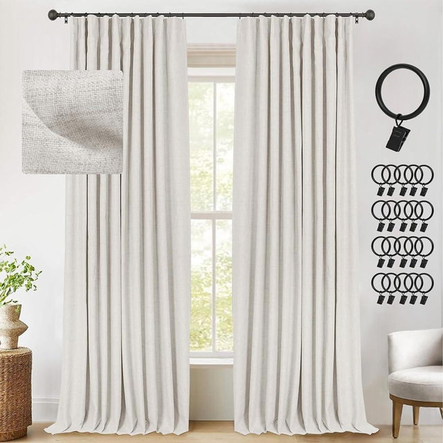 INOVADAY 90 Inch Curtains Blackout, Linen Black Out Curtains Thermal Insulated for Bedroom, Nursery, Living Room + 20 Curtain Ring Clips - Beige W50”xL90”