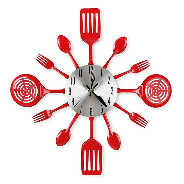 CIGERA 16 Inch Large Kitchen Wall Clocks with Spoons and Forks,Great Home Decor and Nice Gifts,Red