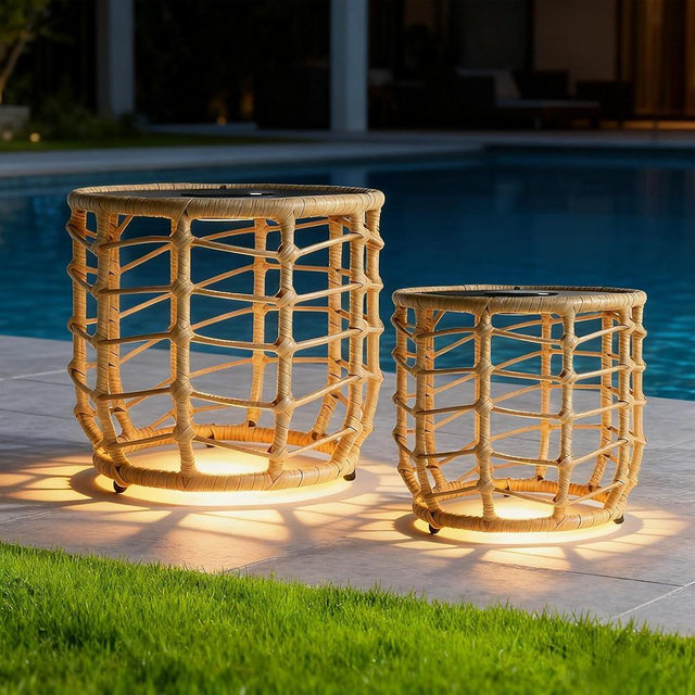 PARTPHONER Boho Solar Outdoor Side Table with Built-in Lights Set of 2, All-Weather Wicker Nesting Tables, Round Waterproof Accent End Table Design for Patio, Porch, Garden & Balcony, Natural Brown