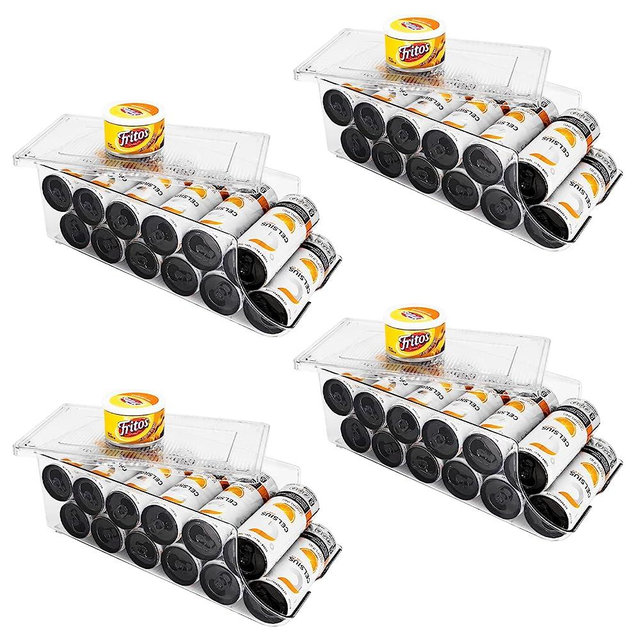 SCAVATA 4 Pack Skinny Can Organizer for Refrigerator, Stackable Tall Skinny Soda Pop Can Holder Dispenser with Lid for Fridge Pantry Rack Freezer, Clear Plastic Storage Bins-Holds 12 Slim Cans Each