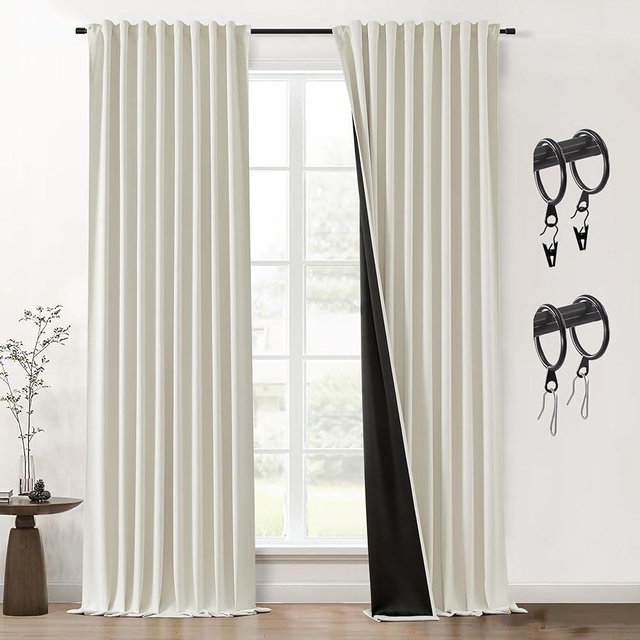 Cream 100% Blackout Curtains for Bedroom 84 Inch Length 2 Panels Set With Hooks Ring Pleated Back Tab Window Treatments Thermal Insulated Darkening Black Out Curtain for Living Room 84 Inch Long