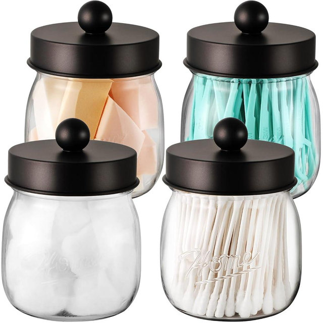 Farmhouse Decor Apothecary Jar Set,Mason Jar Bathroom Vanity Storage Organizer Canister - Qtip Holder Plastic Acrylic Jar for Cotton Swabs,Cotton Pads,Floss Picks,Paper Clips,Hair Clips(4 Pack,Bronze)