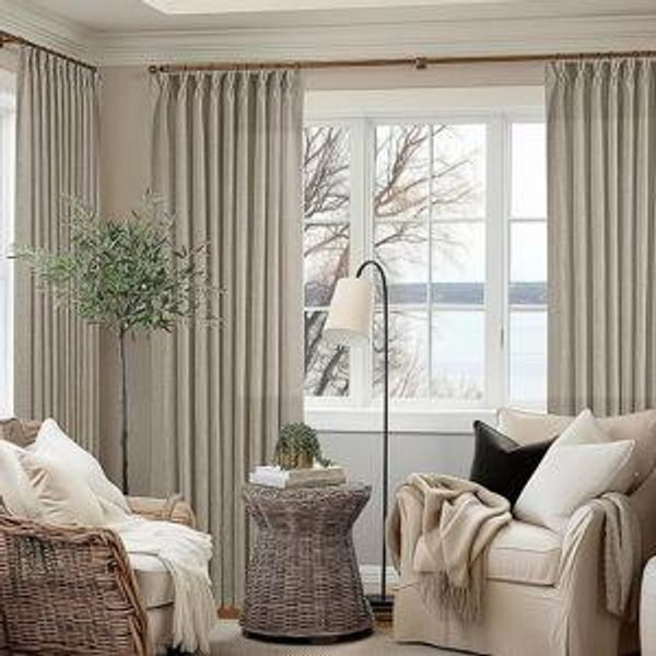 Extra Wide Curtains 60 Inch Width 84 Inches Long for Living Room Bedroom Light Filtering Semi Sheer Farmhouse Pleated Curtain Hooks Rings for Patio Sliding Door Large Window Burlywood Taupe 1 Panel