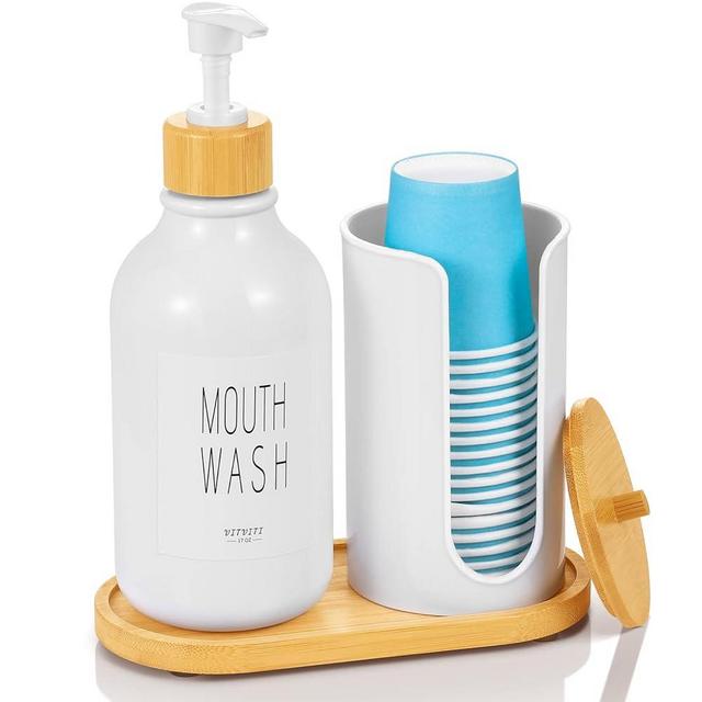 VITVITI Mouthwash Dispenser for Bathroom, Mouth Wash Pump Bottle with Paper Cup Holder, 17Oz Refillable White Mouthwash Container with Bamboo Lid/Tray/Label