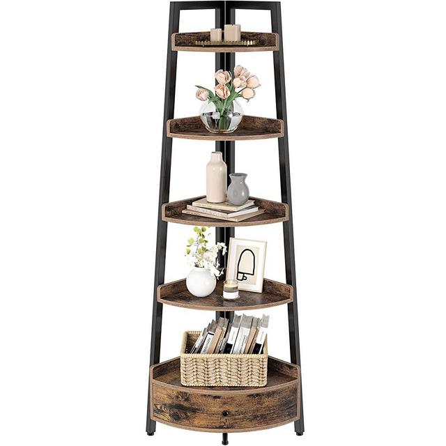 Seventable Corner Shelf 5-Tier, 68.9” Tall Corner Bookshelf with Drawer , Free Standing Storage Rack, Plant Stand for Living Room, Home Office, Kitchen, Small Space, Rustic Brown