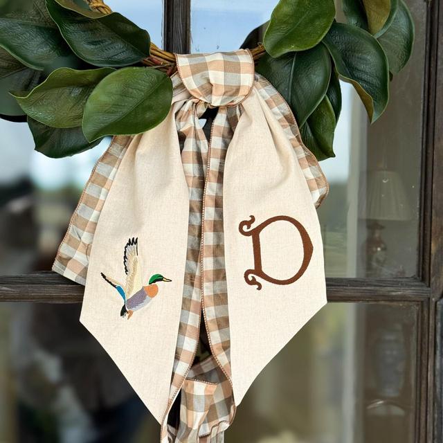 Mallard Duck Wreath Sash - Fall Front Door Decor - Personalized Home Decor - Dupioni Plaid Ribbon - Hunting Decor