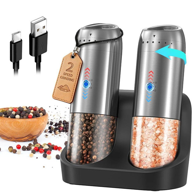 Gravity Electric Salt and Pepper Grinder Set with Rechargeable Base, 2-Speed Grinding Control Stainless Steel Pepper Mill Set with Adjustable Coarseness, LED Light & 176ml Large Capacity