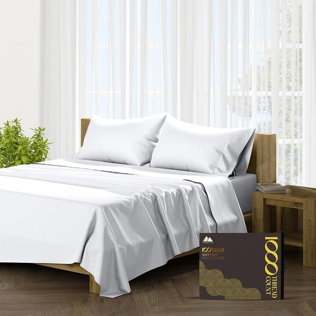 Mayfair Linen 100% Pure Egyptian Cotton Sheets Queen Size - 1000 High Thread Count Sheets Queen, 4 PC White Luxury Hotel Sheet for Queen Size Bed, 16" Deep Pocket Sateen Weave Soft Cooling Bedding Set