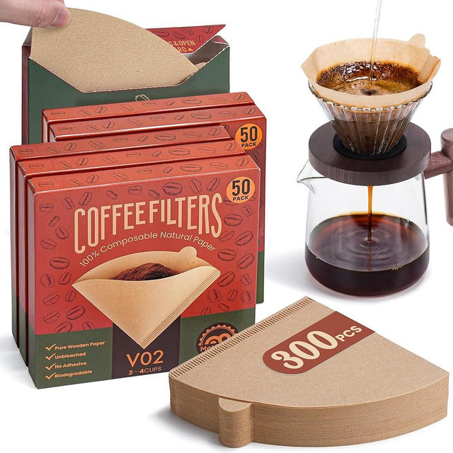Metflavor 300 Count Cone Coffee Filters #2, Disposable Unbleached V60 Coffee Filter 2-4 Cup, 6 Individual Packs for Easy Storage, Compatible with Ninja Pour Over Coffee Dripper, Drip Coffee Makers