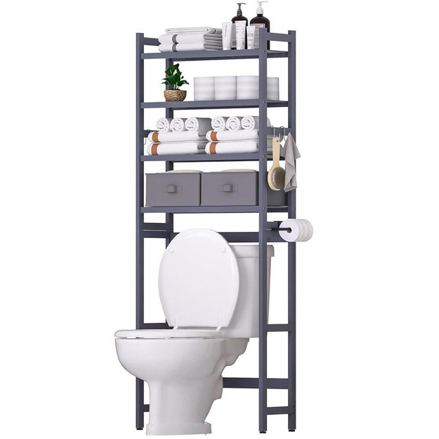 Cozivolife Over The Toilet Storage with 2 Baskets, 4-Tier Bamboo Organizer Rack with Paper Holder & 4 Hooks & Waterproof Feet Pad,Freestanding Shelf for Bathroom(Grey)