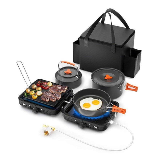 Hisencn Camping Stove,2 Burner Propane Stove,20000 BTU/h Camping Cooking set Includes Frying Pan,Kettle and Pot,Adjustable Burners & Piezo Ignition,Portable stove for camping Outdoor,Black