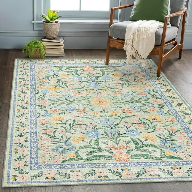 Wonnitar Boho Floral Living Room Area Rug, Washable 5x7 Rug for Bedroom Dining Room Non Slip, Sage Green Botanical Soft Non Shedding Carpet for Dorm Playroom Nursery