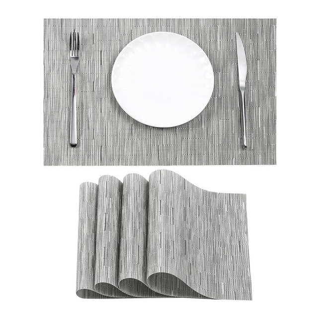Leetaltree Sliver Placemats Set of 4 - Heat Resistant Non-Slip Place mats for Dining Table, Washable Durable PVC Vinyl Woven Table Mats（Sliver, 4）