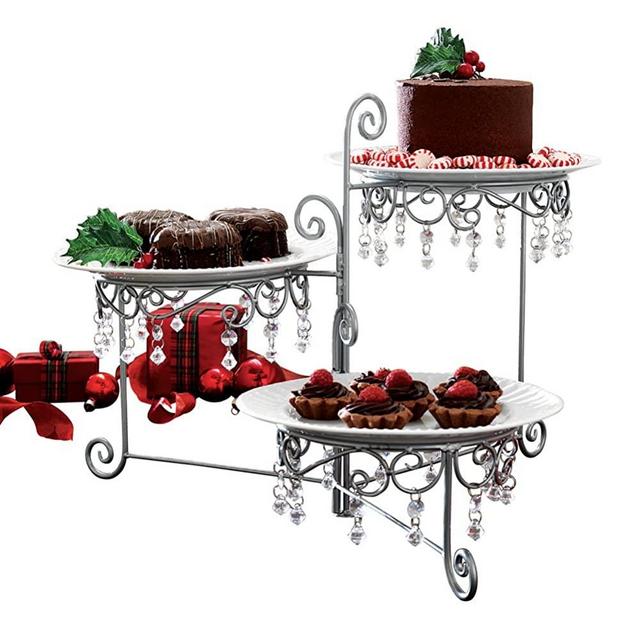 Beaded 3-Tier Silver tone Swivel Server - Appetizers, Snacks, Desserts, Clear