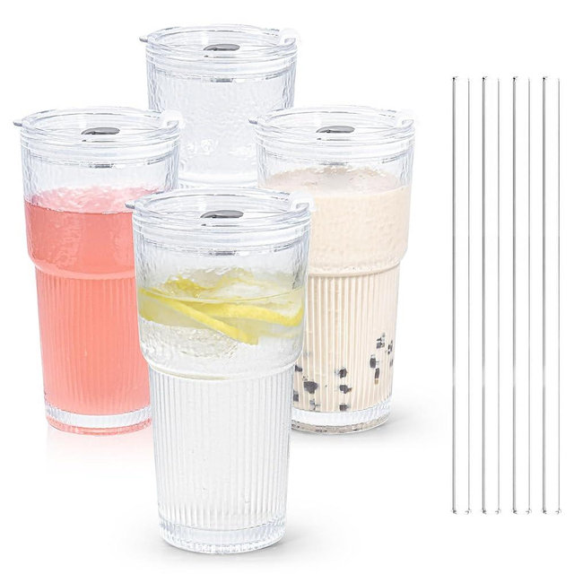 Icesip 20 oz 4 Pcs Drinking Glass Set with Straw and Lid Vertical Stripes Ribbed Iced Coffee Mugs Vintage Glass Cup for Tea Juice Soda Smoothie(Ribbed B*4 with Lid)