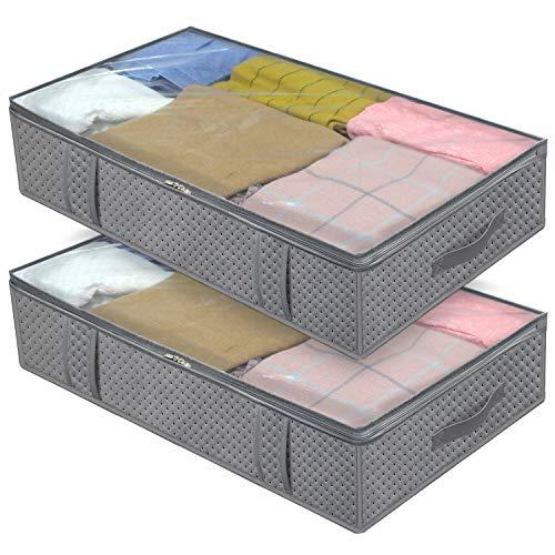 Onlyeasy Foldable Underbed Bags 2 Pack, Thick Blankets Clothes Comforters Storage Bag Breathable Zippered Organizer for Bedroom with Clear Window and 4 Handles, 39.4x19.7x7.1 in, Grey, MX3QR100L
