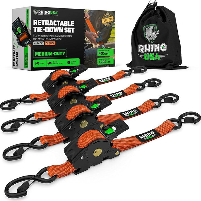 Rhino USA Retractable Ratchet Tie Down Straps (4PK) - 1,209lb Max Break Strength, Includes (4) Ultimate 1" x 10' Autoretract Downs with Padded Handles