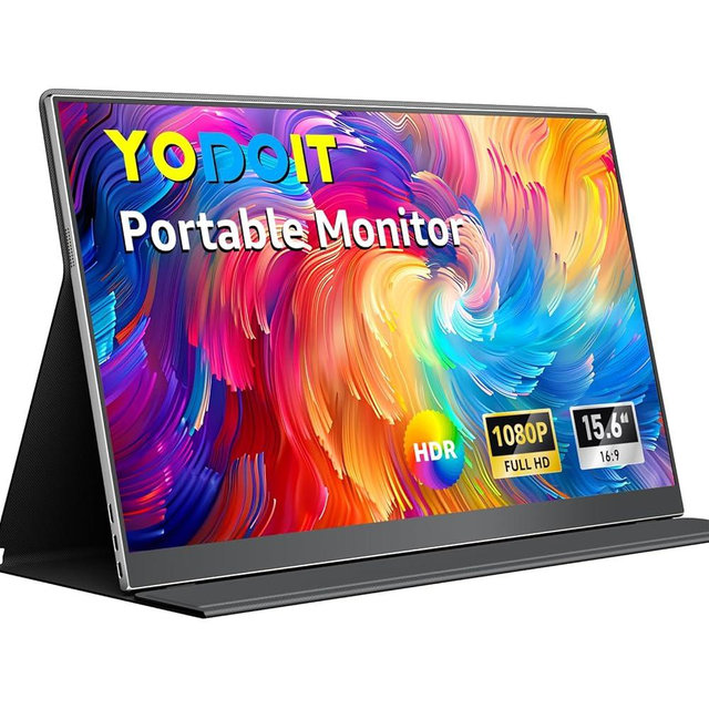 Yodoit Portable Monitor for Laptop, 15.6" 1920×1080 Travel Screen FHD IPS Display with USB Type C Port, Speakers and Smart Cover Compatible with PC, MacBook, Xbox (Black)