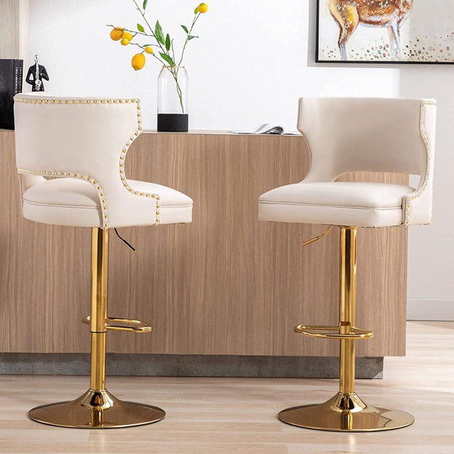 ROCITY Beige Bar Stools Set of 2 Swivel Counter Height Barstools with Back Faux Leather Bar Chairs with Gold Base Adjustable Modern Kitchen Island for Dining Room Home Bar, Rivet Decoration