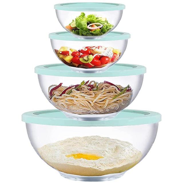 Glass Mixing Bowls with Lids Set, 8 Pieces Glass Salad Bowl Set with Lids(0.6QT,1.1QT,2.2QT,4QT)High Brosilicate Microwave Bowls for Kitchen Baking, Prepping Serving and Storage, Great Gift