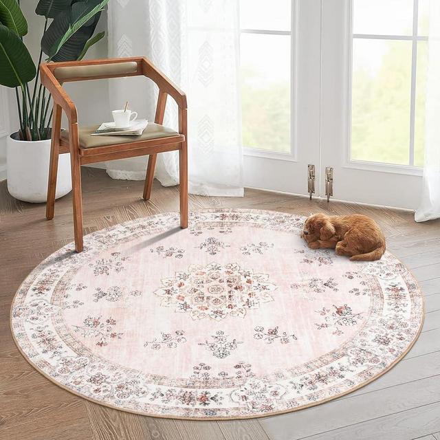 Lahome Machine Washable Round Rug 5Ft, Soft Boho Pink Round Area Rugs for Nursery and Girls Bedroom, Pastel Floral Ultra-Thin Non-Slip Circle Carpet for Living Room Indoor Floor Home Office Decor