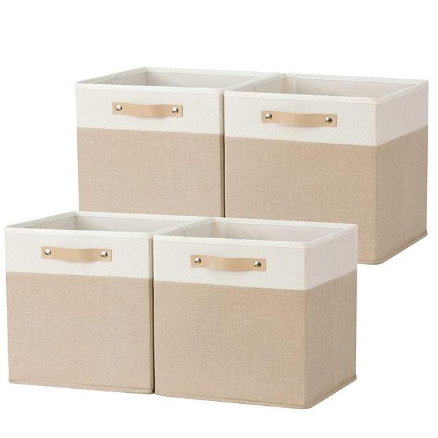 DULLEMELO 13x13x13 Storage Cube Bins, Fabric Storage Cubes with Handles for Organizing Toys, Collapsible Cube Organizer Bins for Closet, Closet Organizers and Storage Bins for Shelf(White&Khaki)