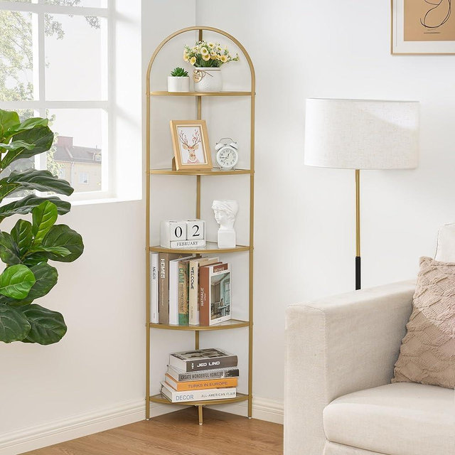 Homhedy 5-Tier Corner Shelf Stand, Metal Corner Bookshelf, Tempered Glass Shelves, Bathroom Storage Rack Shelf, Plant Stand, Modern Style,Golden