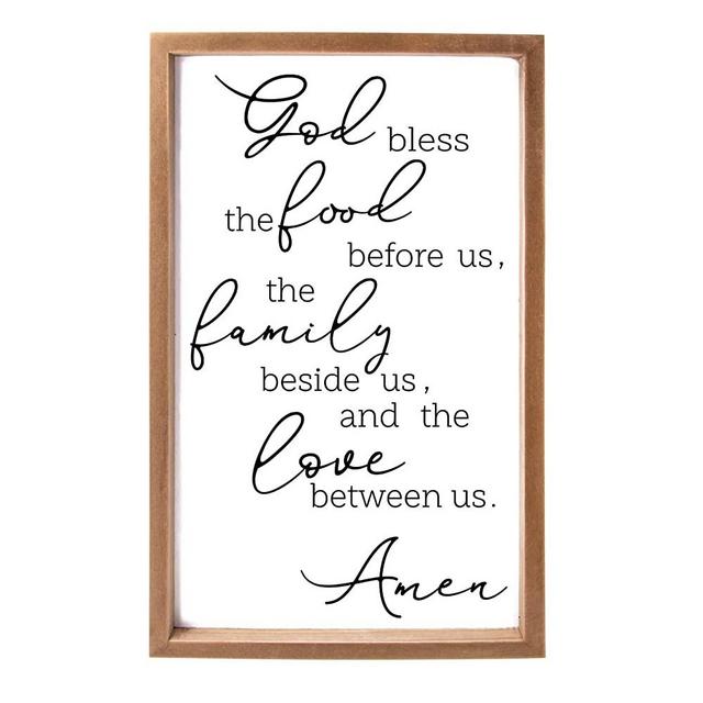 VILIGHT Framed Farmhouse Family Wall Decor for Dining Room and Kitchen - Rustic Wood Sign with Quotes Bless The Food Before Us - Vertical 16x9.5 Inches