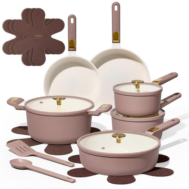 CAROTE Ceramic Cookware Set, Pots and Pans Set Non stick, 17-Piece Induction Cookware, Non toxic Healthy Non Stick Kitchen Cooking Set, with Frying Pans Set,Large Capacity Soup Pot,Mauve Pink