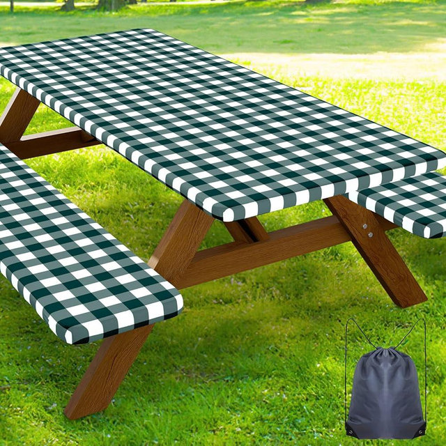 Smiry Picnic Table Cover with Bench Covers, Waterproof Elastic Fitted Tablecloths for 6 Foot Rectangle Tables, Washable Buffalo Plaid Tablecloth for Camping, Outdoor (Emerald Green & White, 30"x72")