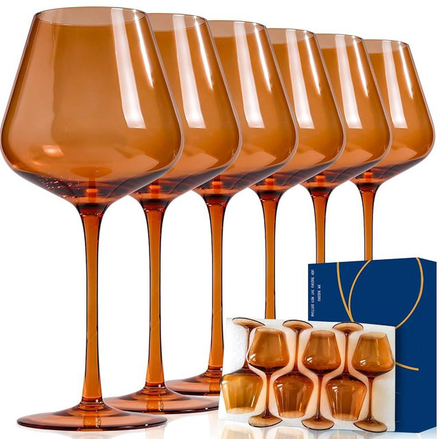 CLUSIVC Amber Wine Glasses Set of 6 - Crystal Hand Blown Burgundy Wine Glasses 18oz Lead-Free, Perfect Gifts for Wine Lover, Bar glasses sets for the home, Wedding, Party
