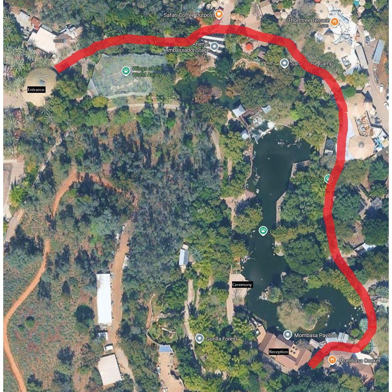 A satellite image of the route to the Mombasa Pavilion.