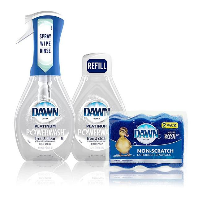 Dawn Free & Clear Powerwash Dish Spray, Dish Soap, Light Pear Scent Bundle, 1 Spray (16oz), 1 Refill (16oz) + Dawn Non-Scratch Scrubber Sponge (2 count), 1 set
