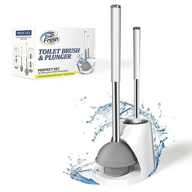 True fresh Toilet Brush & Plunger Set for Bathroom, Toilet Bowl Cleaner Brush, 2 in 1 Set of Toilet Plunger & Toilet Brush with Holders Caddy and Stainless Steel Stick and Plastic Handle