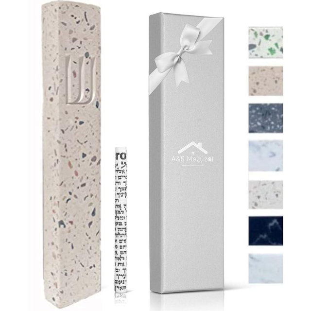 A&S Modern Stone Mezuzah Case Design, Mezuza Cover for Scroll Protection, Easy Peel and Stick Houswarming Gift and Home Blessing (Terrazzo Beige, 7 Inches)