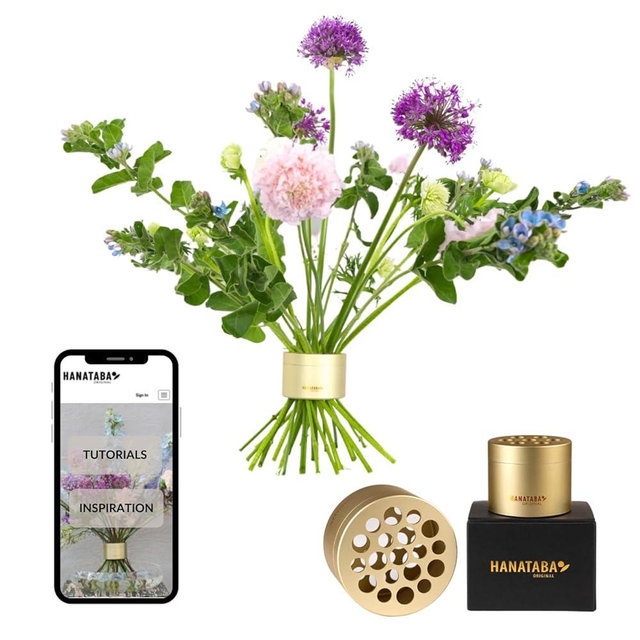 Hanataba Original, Bouquet Holder, 2 pcs Champagne Gold, The Original Spiral Ikeabana Stem Holder, Hanataba Flower Arranger Twist Invented in Sweden,