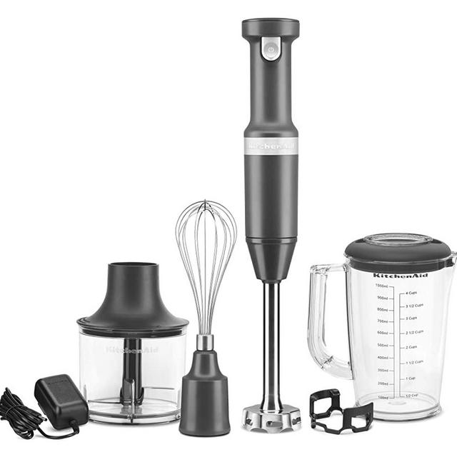KitchenAid KHBBV83DG Cordless Variable Speed Hand Blender with Chopper and Whisk Attachment, Matte Charcoal Gray