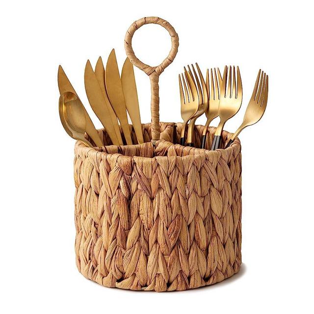 StorageWorks Wicker Flatware Organizer, Hand Woven Water Hyacinth Cutlery Holder for Countertop with Handle, 1 Pack