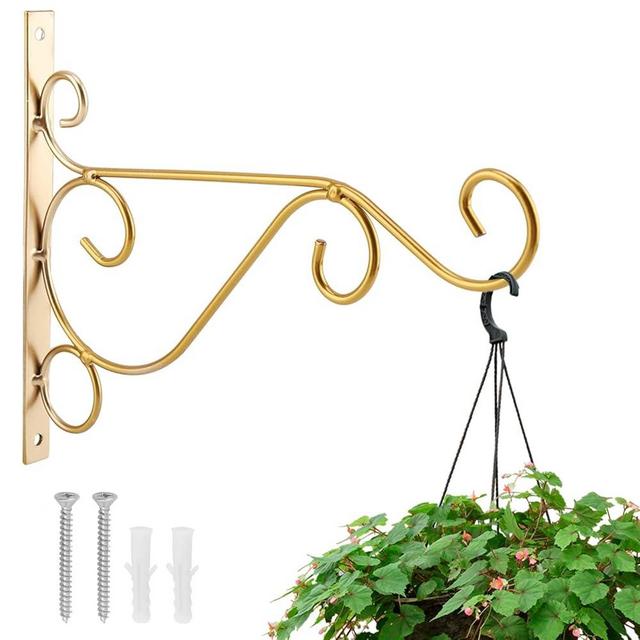 Plant Hanger Wall Hooks, Hanging Bracket, Plant Hooks Hanging Basket Brackets, Wall Planters Iron Plant Bracket, Decorative Wall Mount Planter Hooks for Hanging Lantern Bird Feeder Fence, Gold