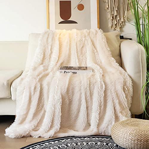 Decorative Extra Soft Faux Fur Blanket Full Size 70" x 78",Solid Reversible Fuzzy Lightweight Long Hair Shaggy Blanket,Fluffy Cozy Plush Fleece Comfy Microfiber Blanket for Couch Sofa Bed,Cream White