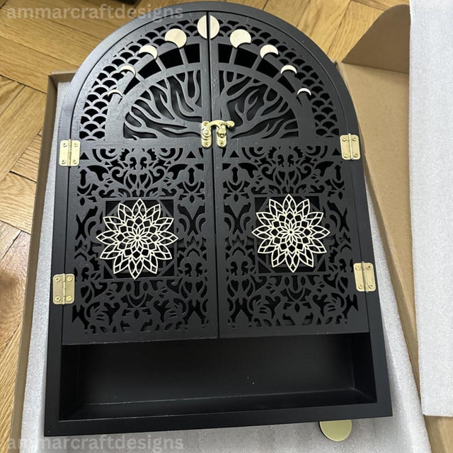 Mandala Art Arch Wood Wall Mount Cabinet With Doors & Storage | Boho Wall Mount Cabinet | Modern Wall Display | Housewarming Gift